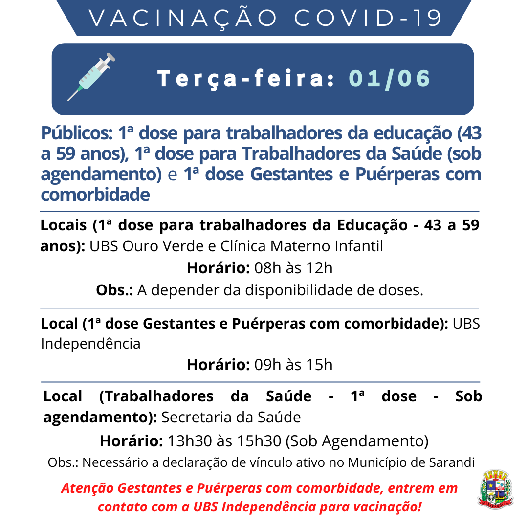 Cronograma de Vacinação contra Covid-19 - Terça-feira - 01/06/2021